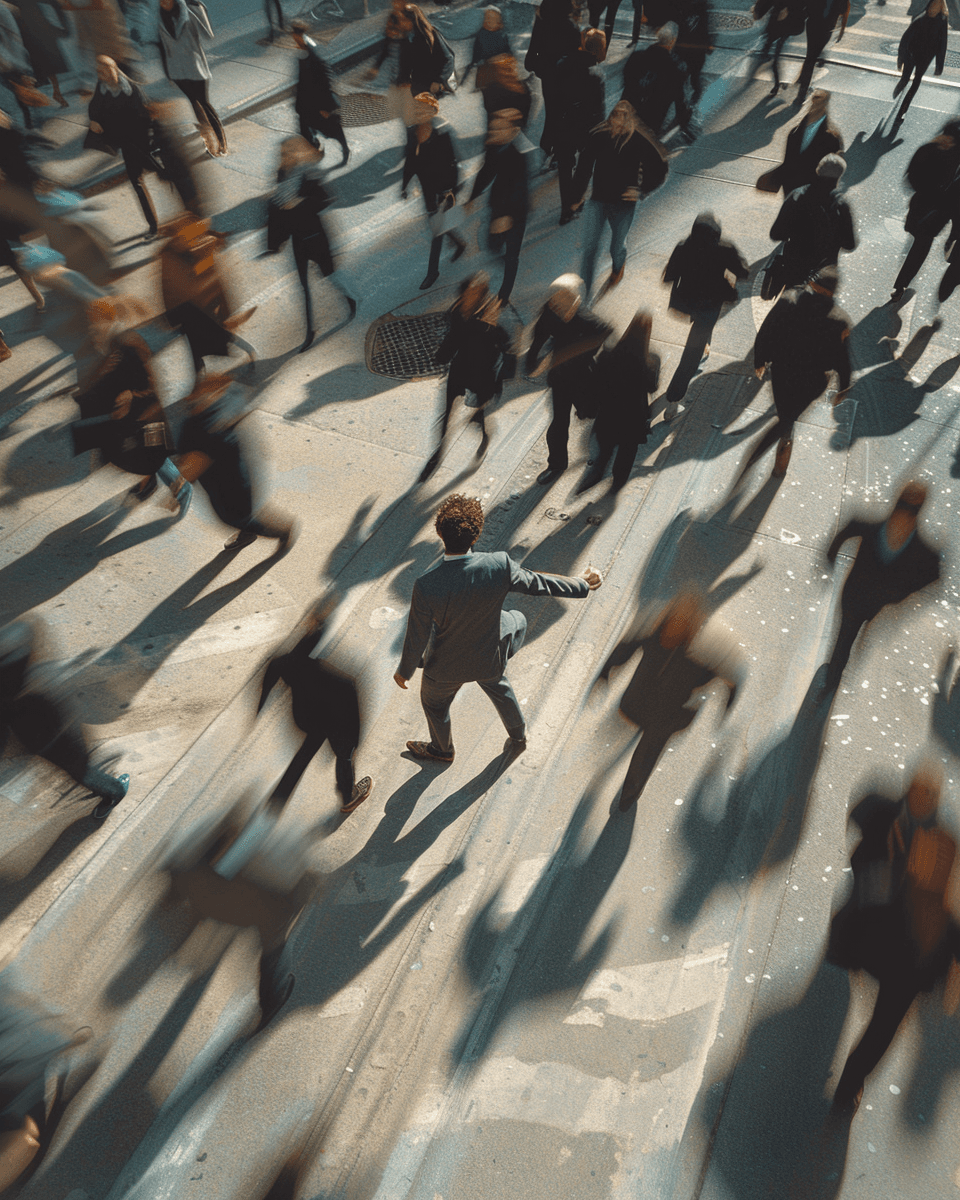 A person standing still while a crowd moves around him